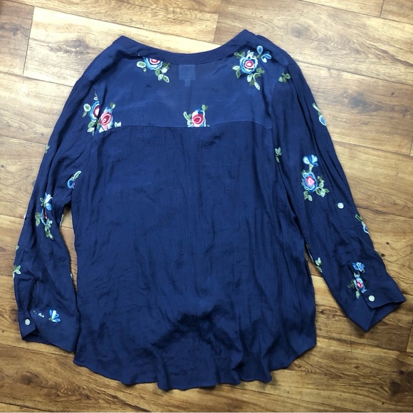 Fig & Flower Navy Blue Embroidered Floral Sheer Blouse - Picture 8 of 8